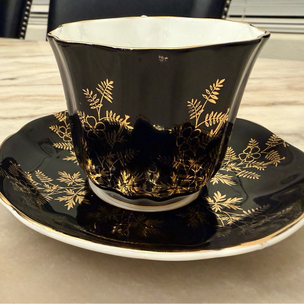 Vintage Royal Grafton Fine Bone China Elegant Teacup and Saucer Set Black & Gold